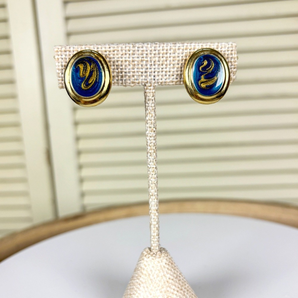 Vintage 80s Blue‎ Gold Enamel Clip On Earrings Oval Statement Retro Mid Century
